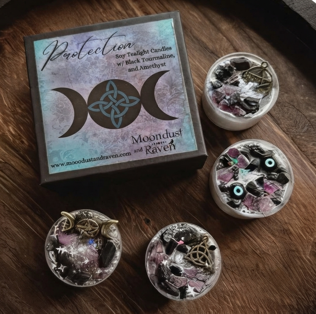 BOUGIES PROTECTION – Bougies rituelles de puissance, réussite et objectifs avec cristaux et breloques