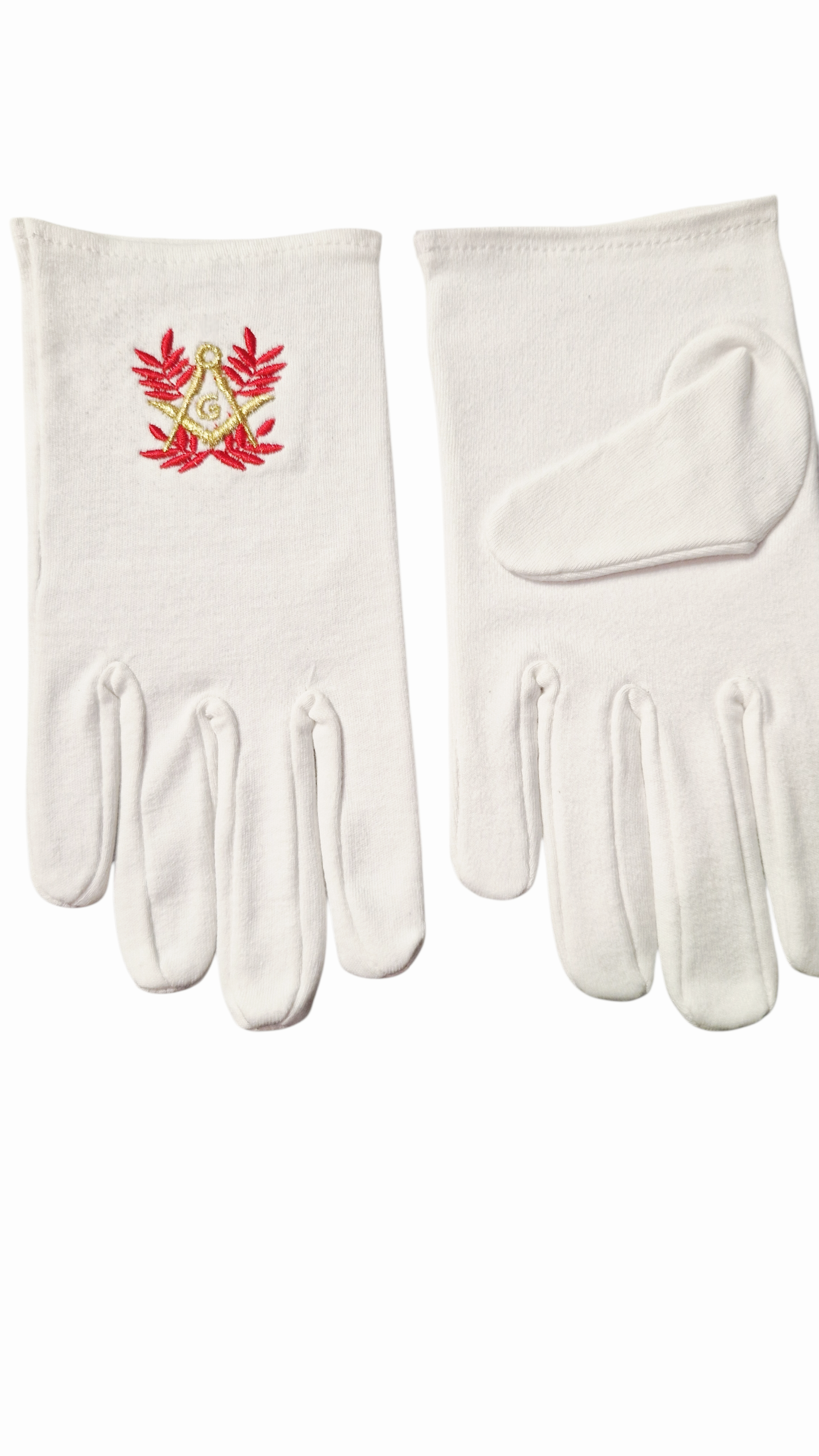 ...Gants maçonniques blancs broderies équerre compas lettre G dorés & acacia rouge