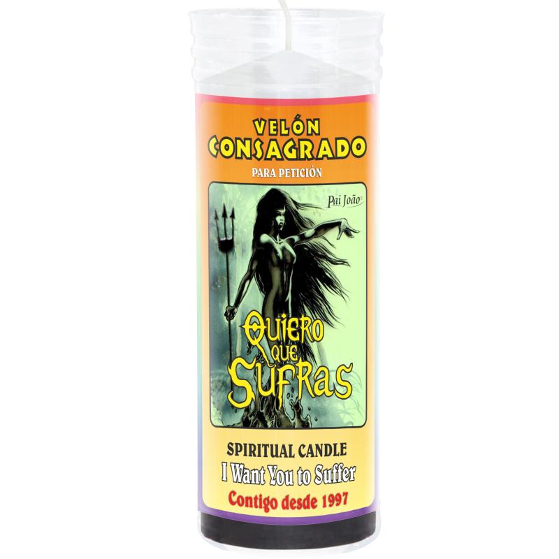Bougie rituelle vengeance « quiero que sufras » ( "je veux que tu souffres") retour envoyeur