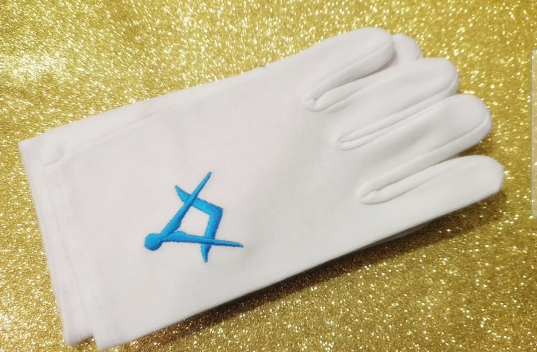 gants maçonniques blancs broderie équerre compas bleu