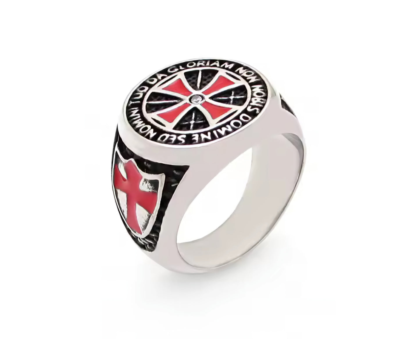 Bague chevalière templier acier inoxydable fond noir croix émail rouge