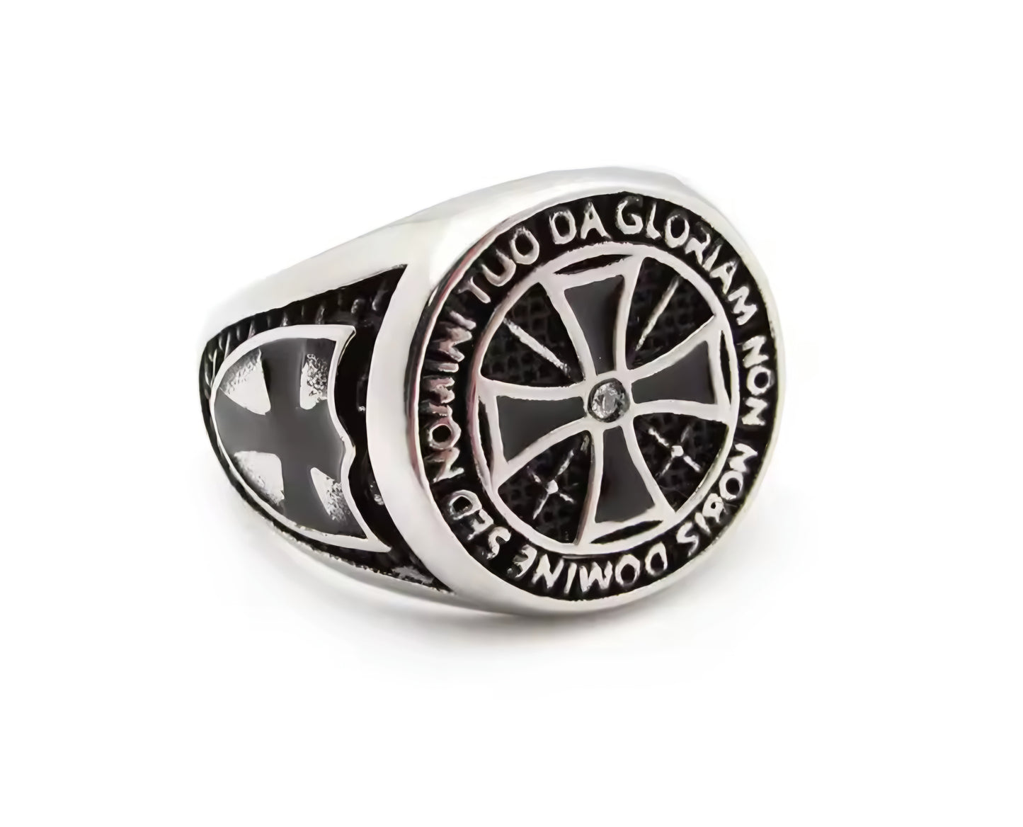 Bague chevalière templier acier inoxydable fond noir croix émail noir