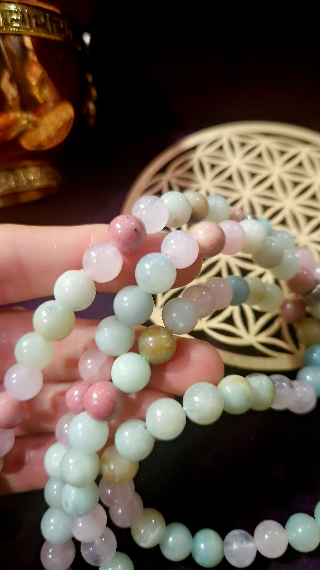 Mala Quartz Rose, Amazonite et Rhodonite ✦ Lotus Sacré