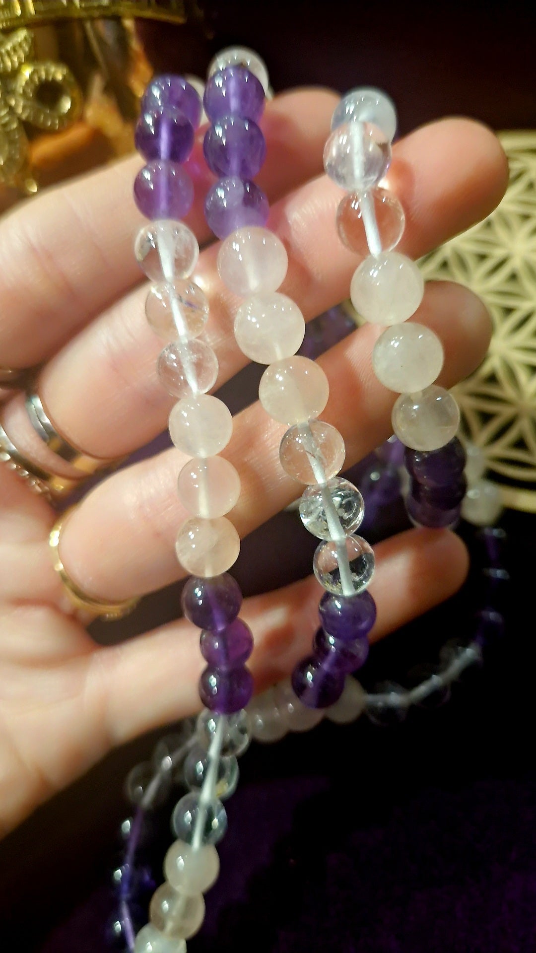Mala Améthyste, Quartz Rose et Cristal de Roche