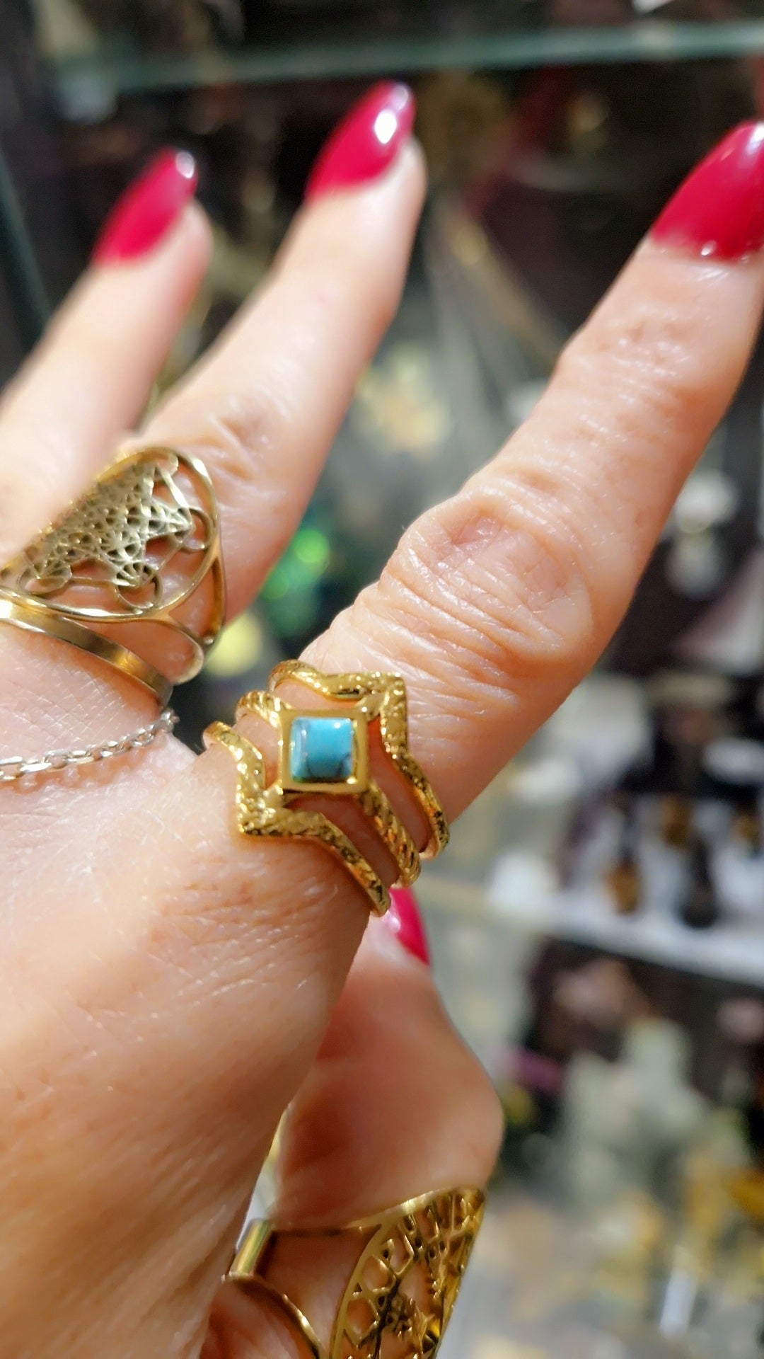 Bague talisman Egypte "anneau de Maât" acier inoxydable doré et pierre turkénite