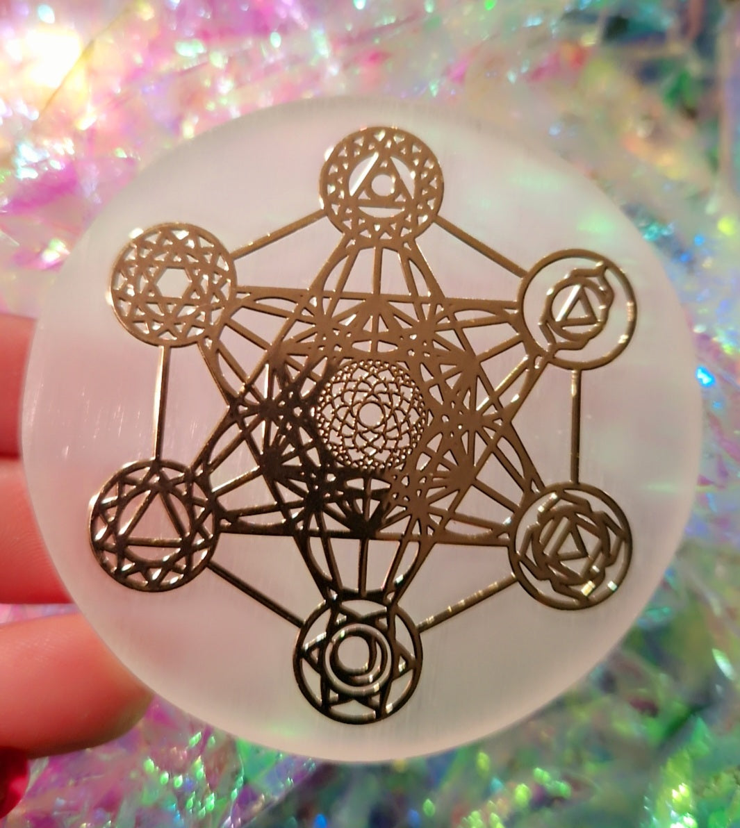 Plaque de sélénite Cube de Métatron doré 6 cm