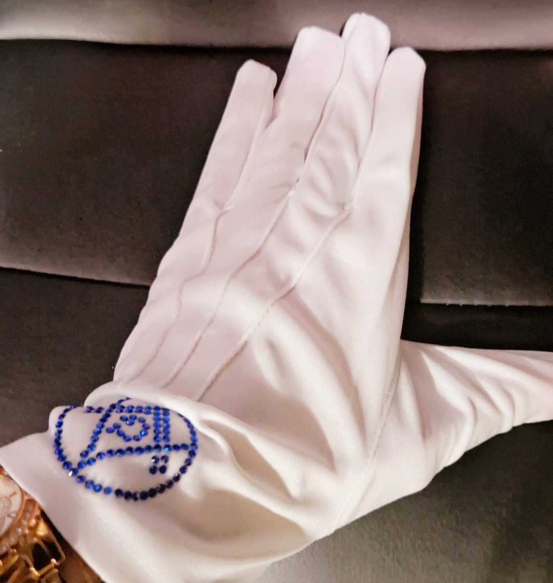 Gants maçonniques blancs equerre compas lettre G cercle strass bleu