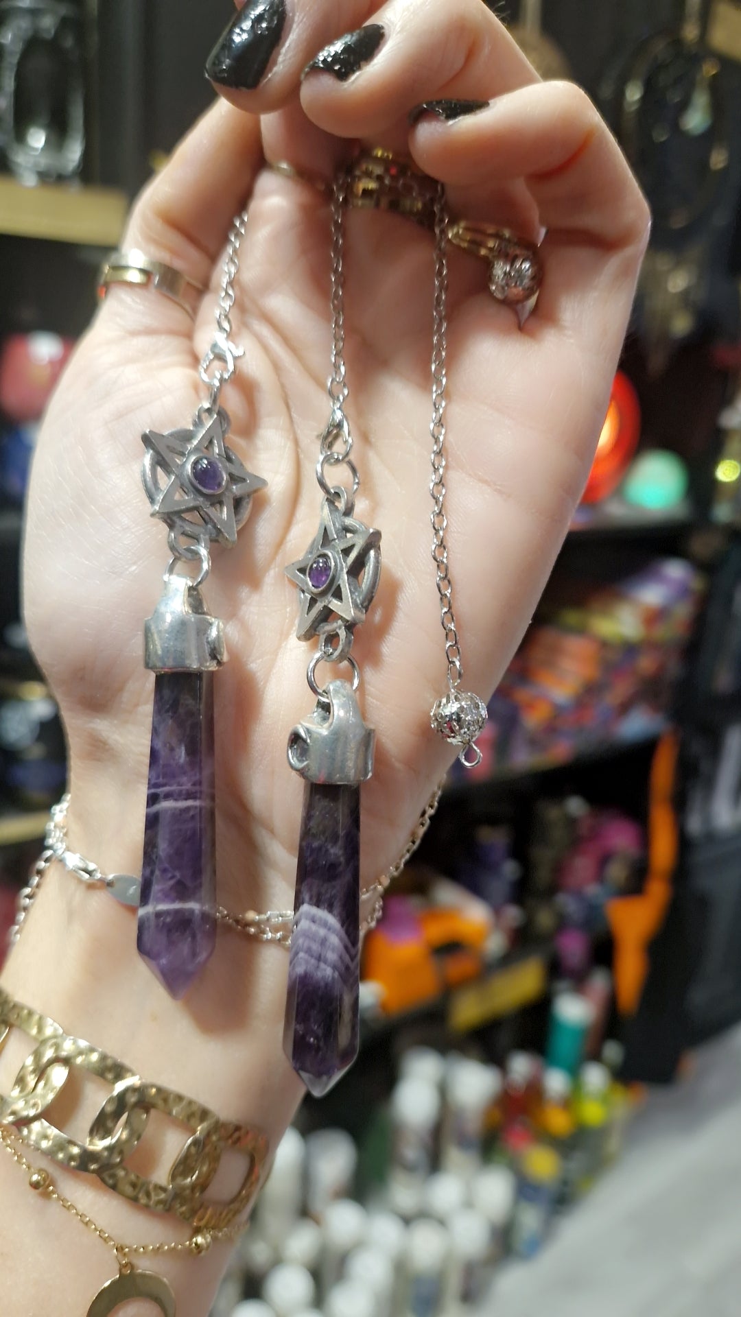 Pendule en améthyste chevron et étain - création artisanale