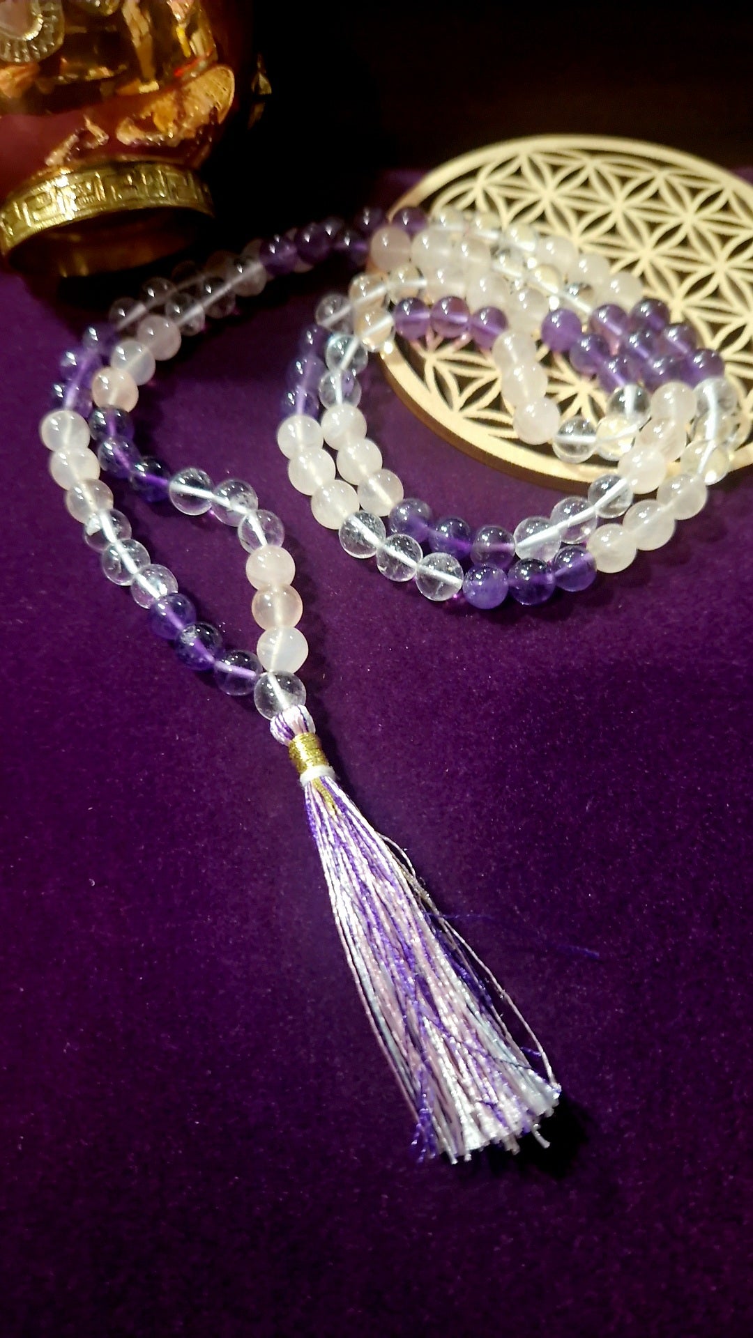 Mala Améthyste, Quartz Rose et Cristal de Roche