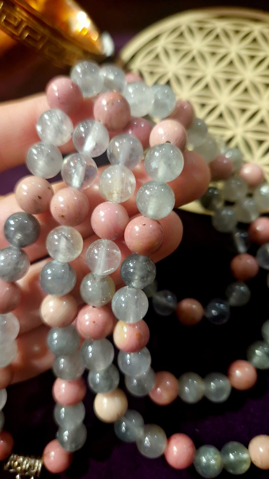 Mala rhodonite, quartz gris : deuil, rupture
