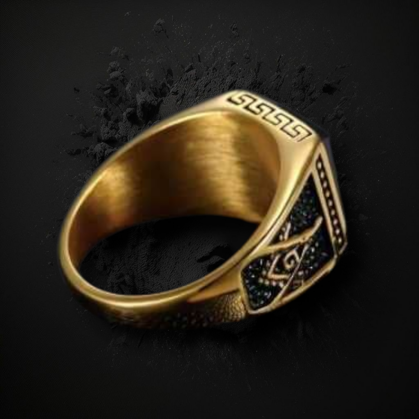 Bague maçonnique acier inoxydable doré et onyx