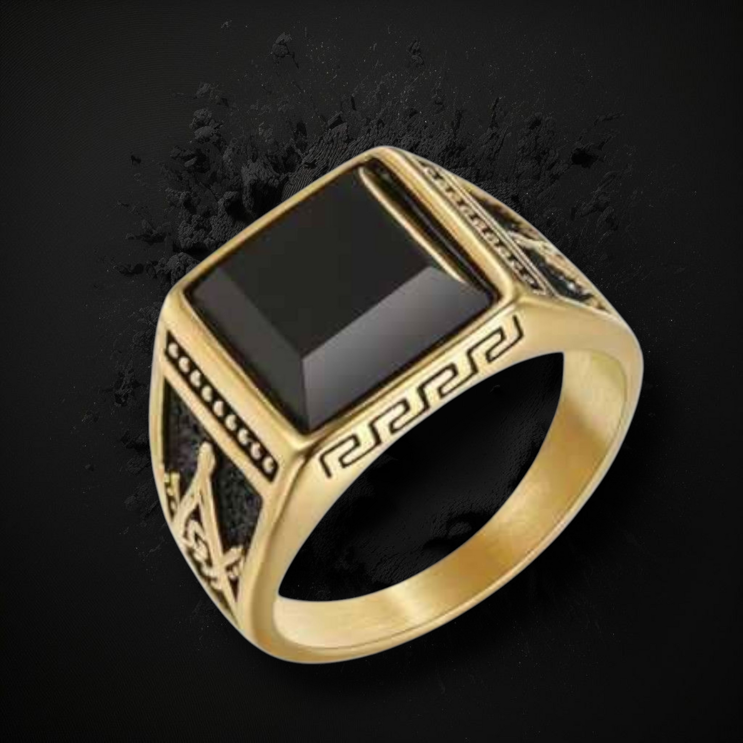 Bague maçonnique acier inoxydable doré et onyx