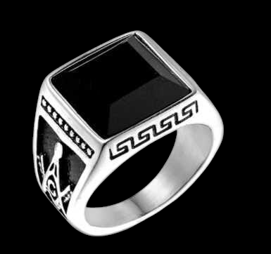 Bague maçonnique acier inoxydable argenté et onyx