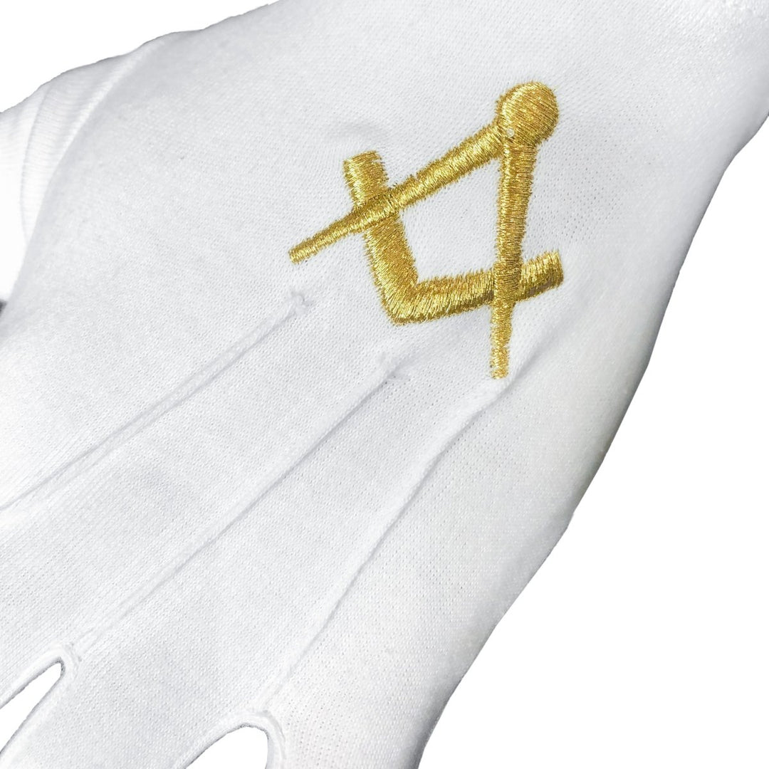 ...Gants maçonniques blancs - équerre compas brodés or
