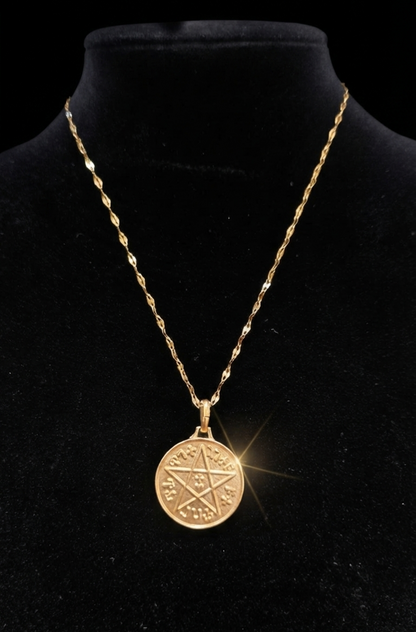 Collier Talisman de Protection – Double Sceau de Salomon et Pentagramme – Médaille dorée