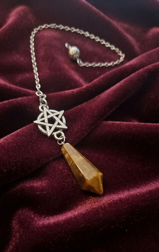 Pendule Œil de Tigre Doré avec Pentagramme pentacle – Radiesthésie et Protection Énergétique