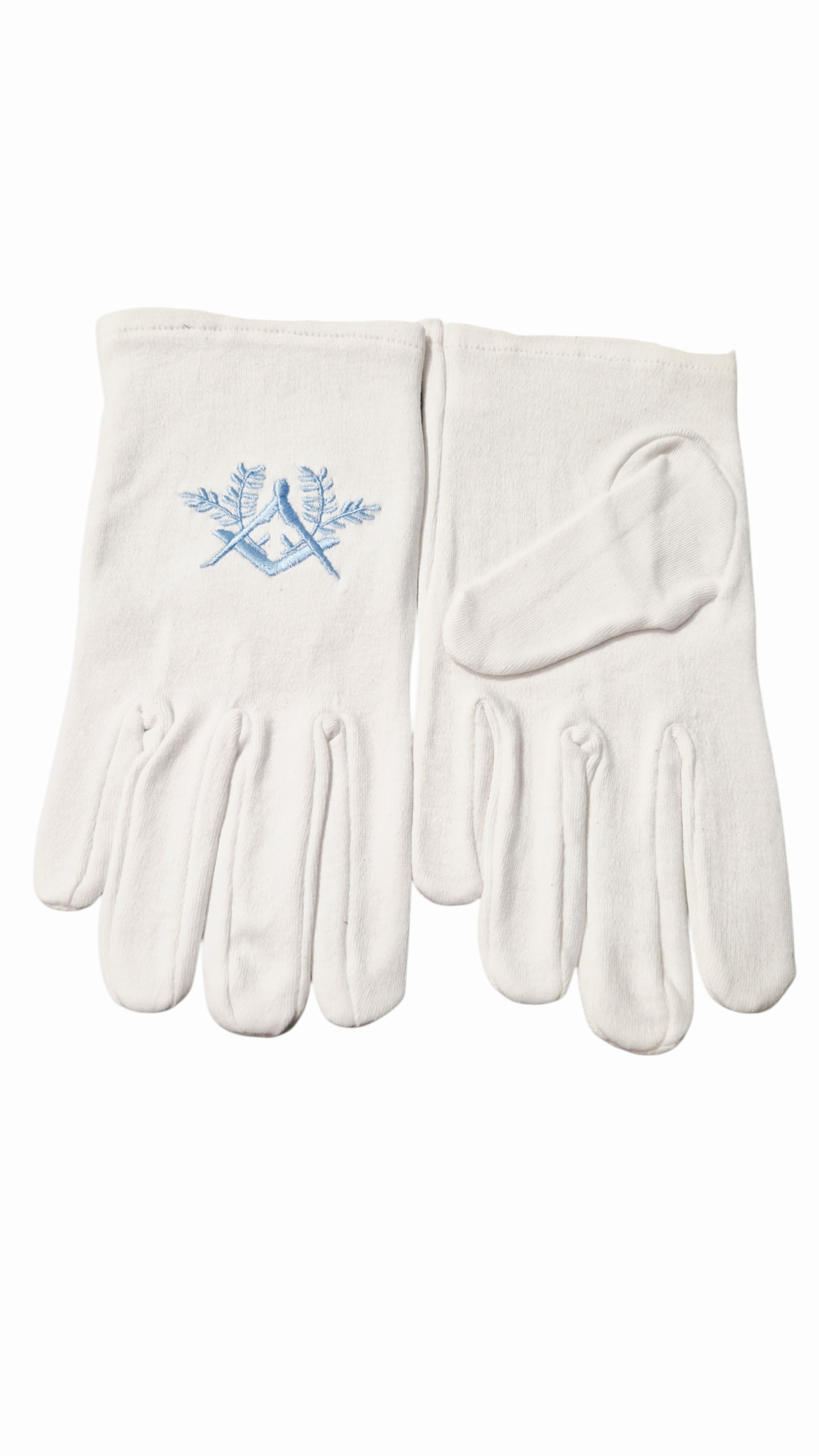...Gants maçonniques blancs broderie bleue équerre compas acacia