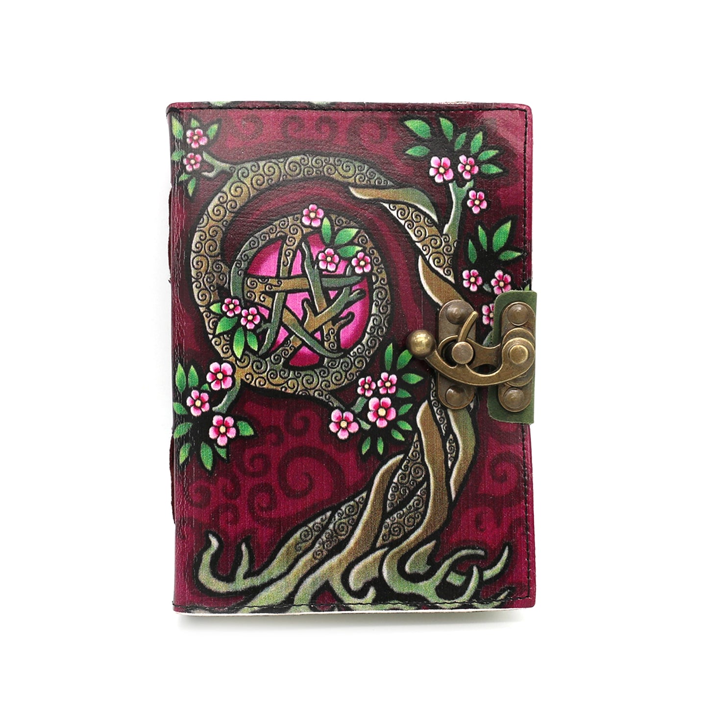 Grimoire en cuir rouge pentacle rose arbre fleuri