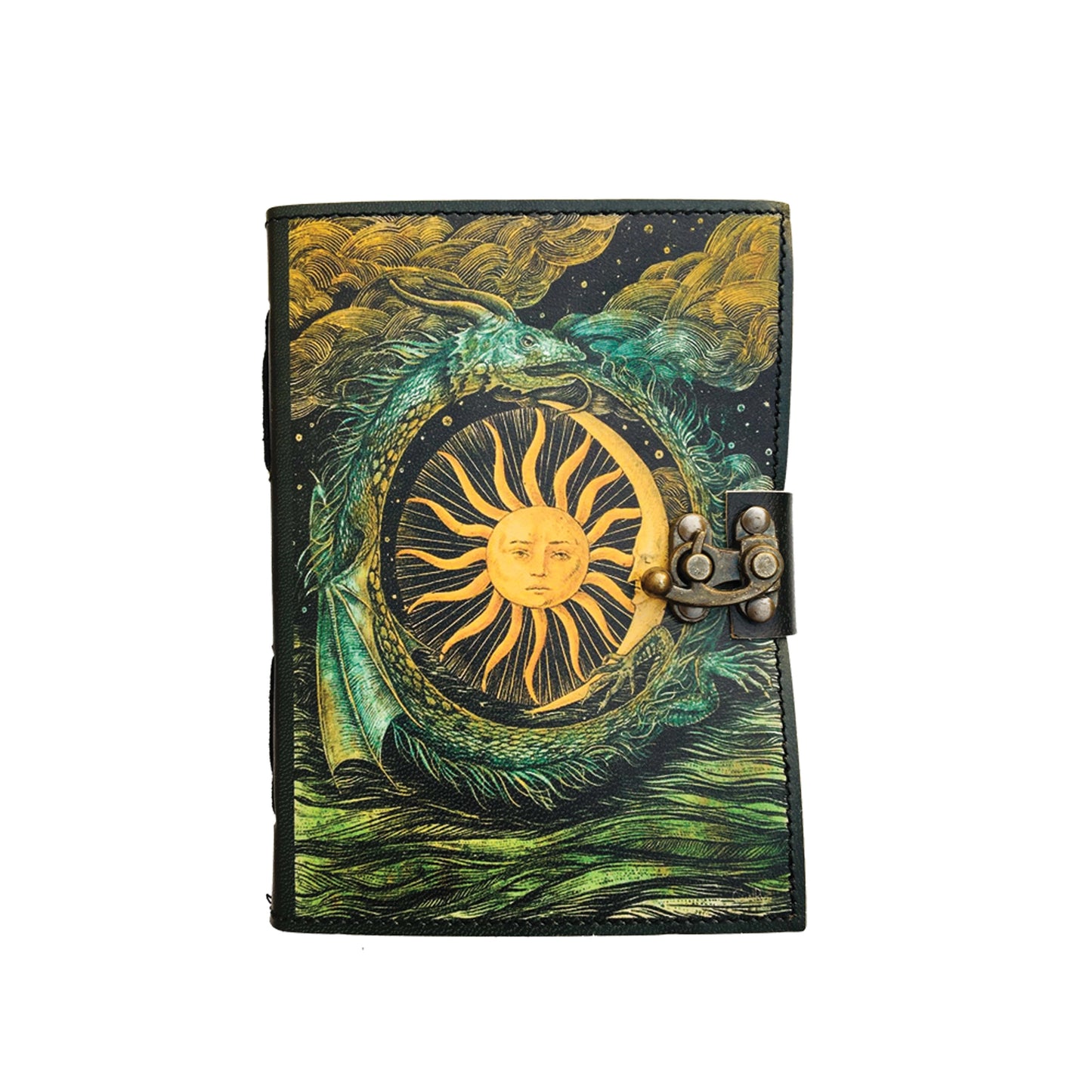Grimoire en cuir vierge « trio Ouroboros, lune, soleil »