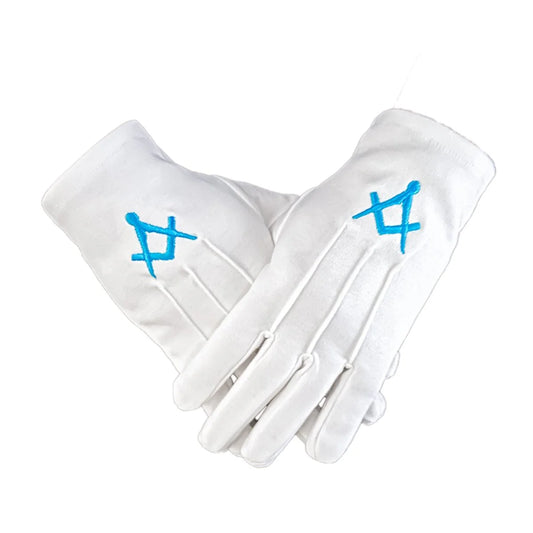 gants maçonniques blancs broderie équerre compas bleu