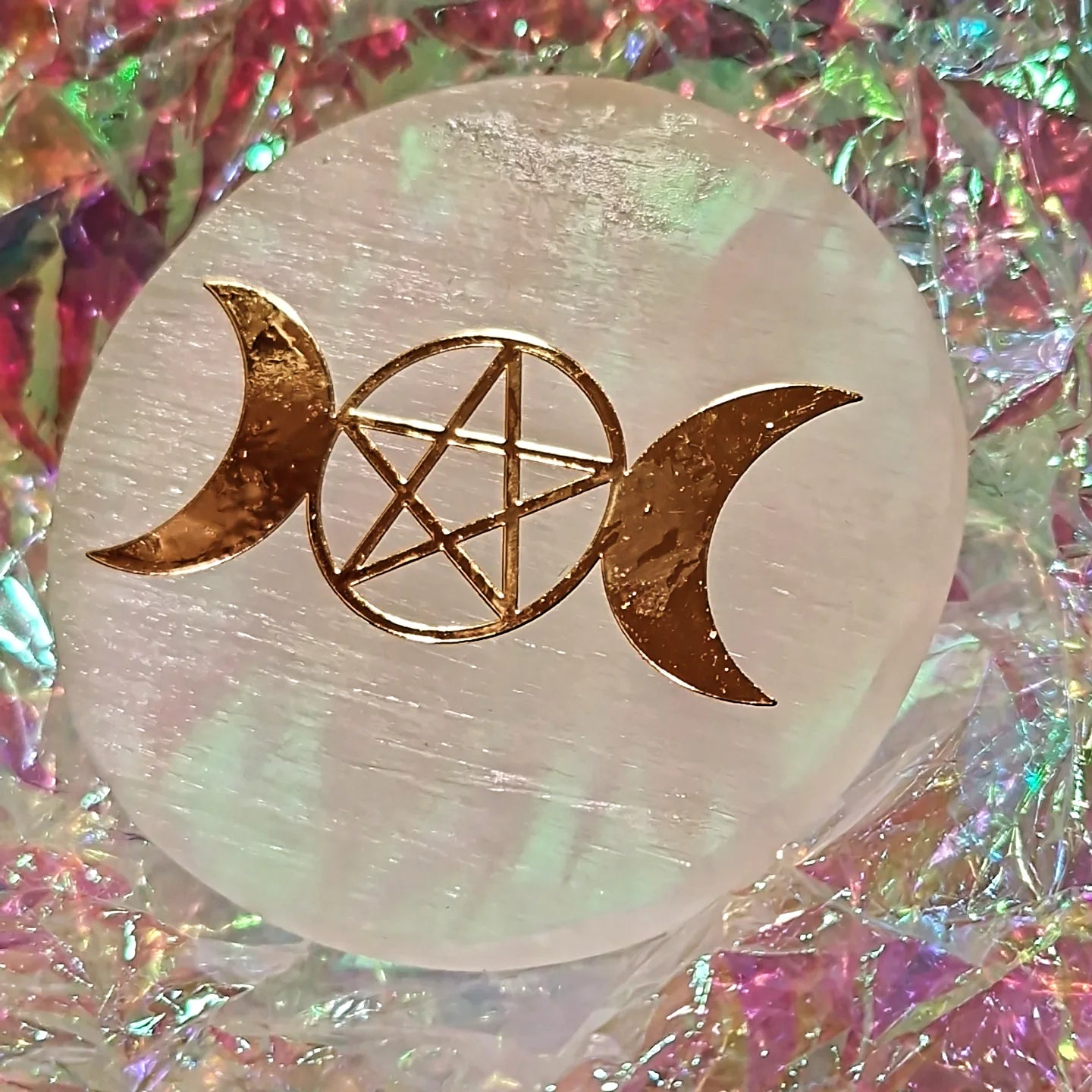 Plaque de sélénite Triple lune et pentagramme