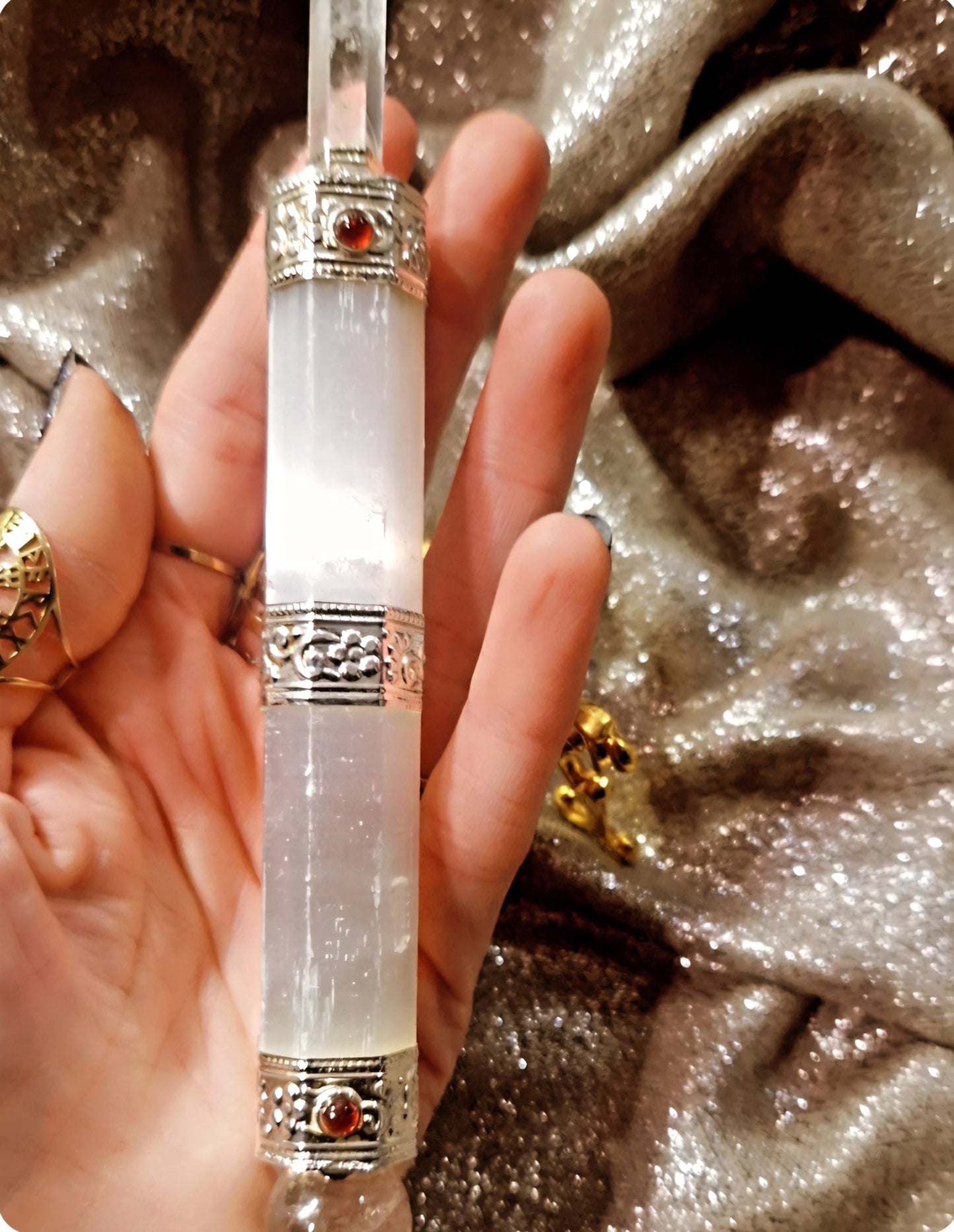 Wand / Baguette Énergétique – Sélénite & Cristal de Roche