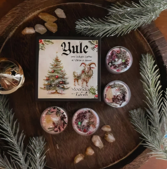 Bougies rituelles avec cristaux citrine & grenat + breloque saisonnière- coffret cadeau Yule