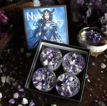 BOUGIES NYX – Bougies rituelles de puissance, réussite et objectifs avec cristaux et breloques