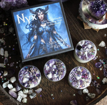BOUGIES NYX – Bougies rituelles de puissance, réussite et objectifs avec cristaux et breloques