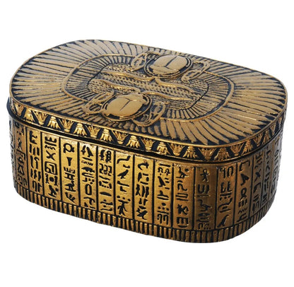 Boîte Égyptienne en Résine Dorée et Noire – Scarabée, Hiéroglyphes et Ailes – Coffret à Bijoux Mystique