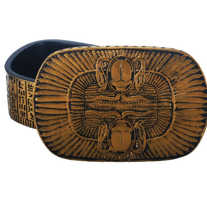 Boîte Égyptienne en Résine Dorée et Noire – Scarabée, Hiéroglyphes et Ailes – Coffret à Bijoux Mystique