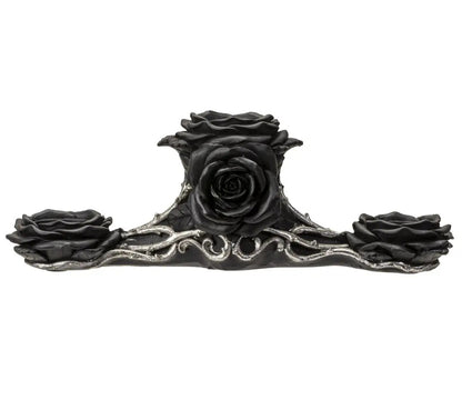 Bougeoir Gothique Triple Tea Light – Rose Noire & Racines Argentées