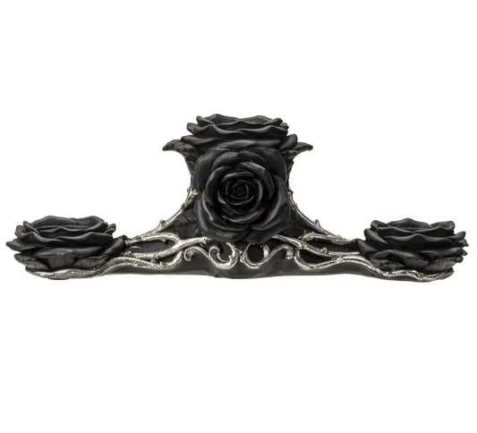 Bougeoir Gothique Triple Tea Light – Rose Noire & Racines Argentées