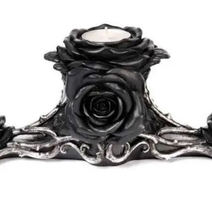 Bougeoir Gothique Triple Tea Light – Rose Noire & Racines Argentées