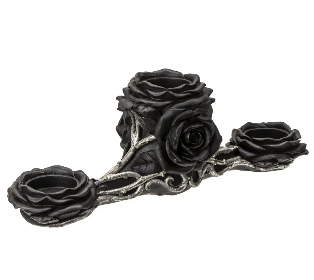Bougeoir Gothique Triple Tea Light – Rose Noire & Racines Argentées