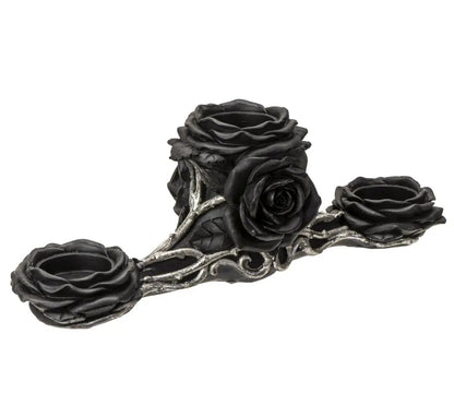 Bougeoir Gothique Triple Tea Light – Rose Noire & Racines Argentées