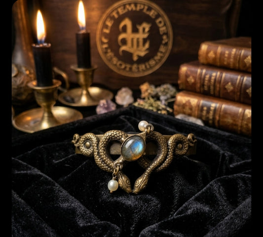 Bracelet Manchette Serpent en Laiton Antique et Labradorite Naturelle – Bijou Ésotérique de Protection