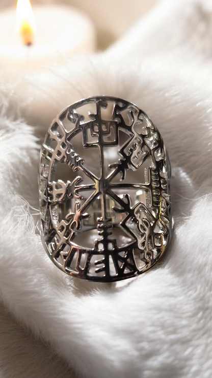 Bague réglable talisman Vegvisir boussole Viking nordique - acier inoxydable or ou argent