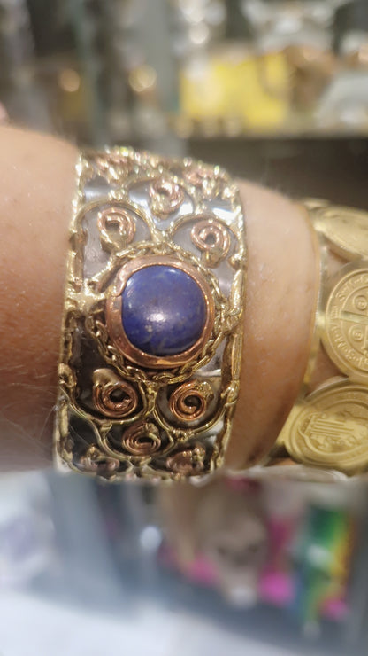 Bracelet manchette réglable lapis lazuli cuivre laiton acier - artisanat de Pondichery Inde