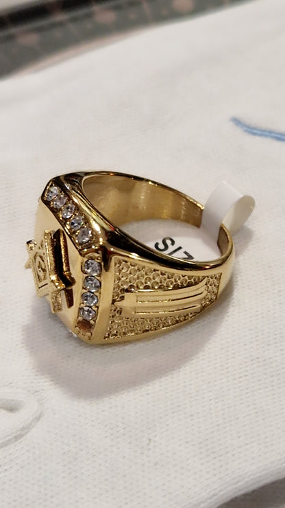 Bague chevalière franc maçon équerre compas acier inoxydable doré