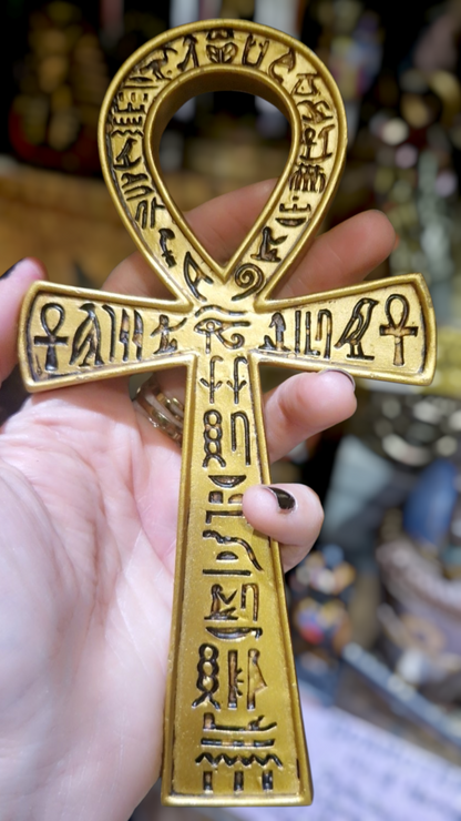 Croix de Ankh égyptienne dorée en résine – Décoration murale 18 x 9,5 cm – Protection ésotérique maison