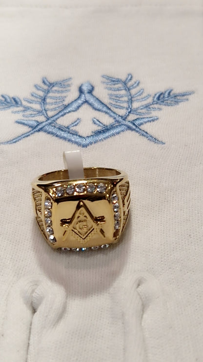 Bague chevalière franc maçon équerre compas acier inoxydable doré