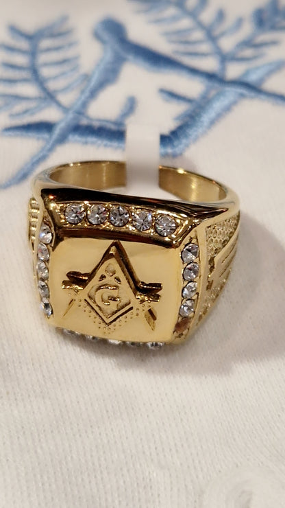 Bague chevalière franc maçon équerre compas acier inoxydable doré