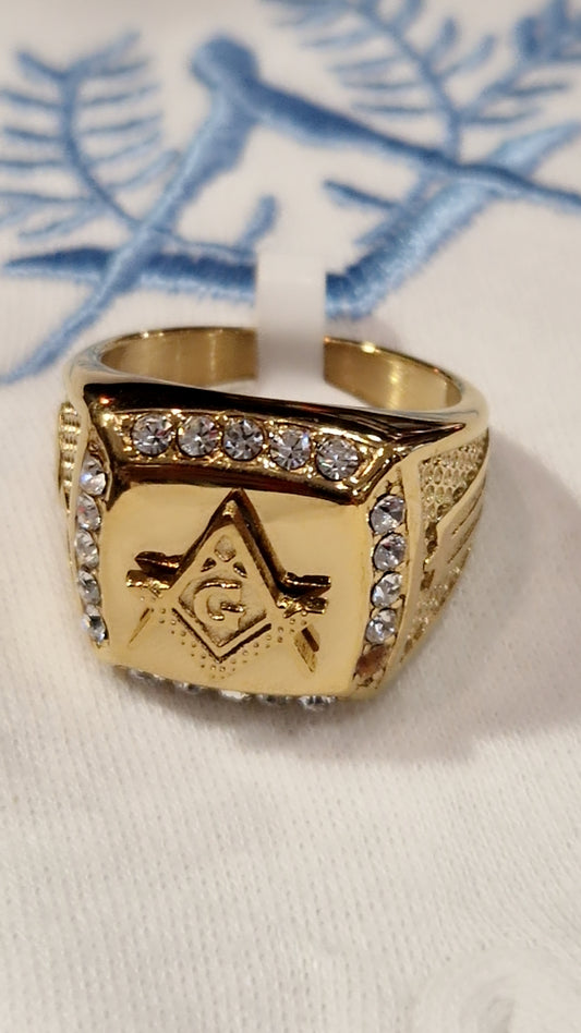 Bague chevalière franc maçon équerre compas acier inoxydable doré