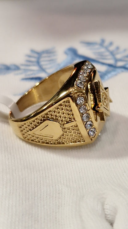 Bague chevalière franc maçon équerre compas acier inoxydable doré