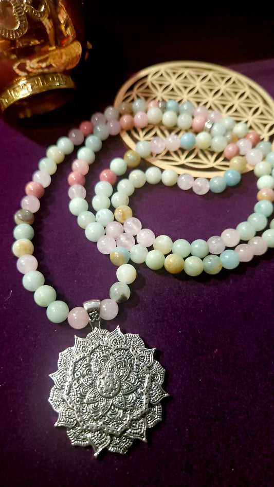 Mala Quartz Rose, Amazonite et Rhodonite ✦ Lotus Sacré