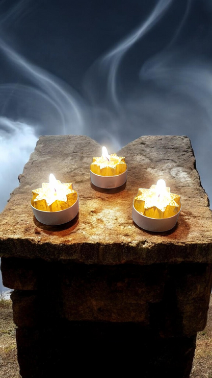 Bougies Stellaires Tea Light : Pack de 3 – Étoiles Dorées & Argentées pour Rituels et Méditation