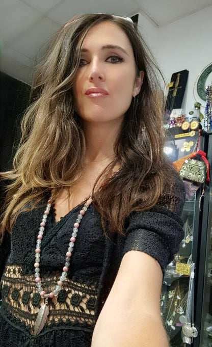 Mala rhodonite, quartz gris : deuil, rupture