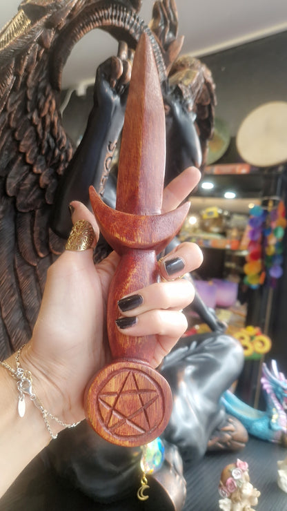 Athamé Rituel en Bois Naturel et Pentagramme – 28 cm