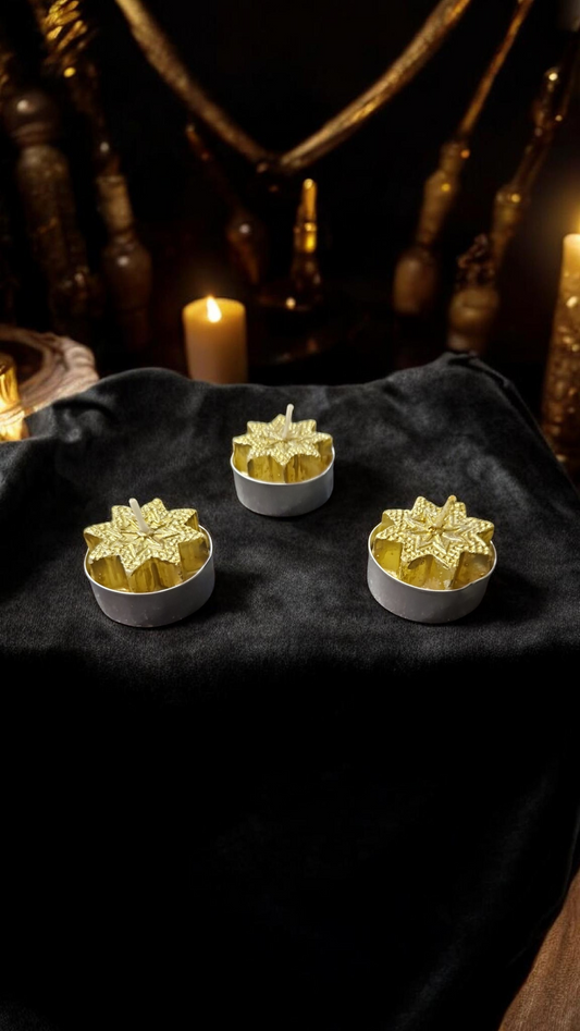Bougies Stellaires Tea Light : Pack de 3 – Étoiles Dorées & Argentées pour Rituels et Méditation